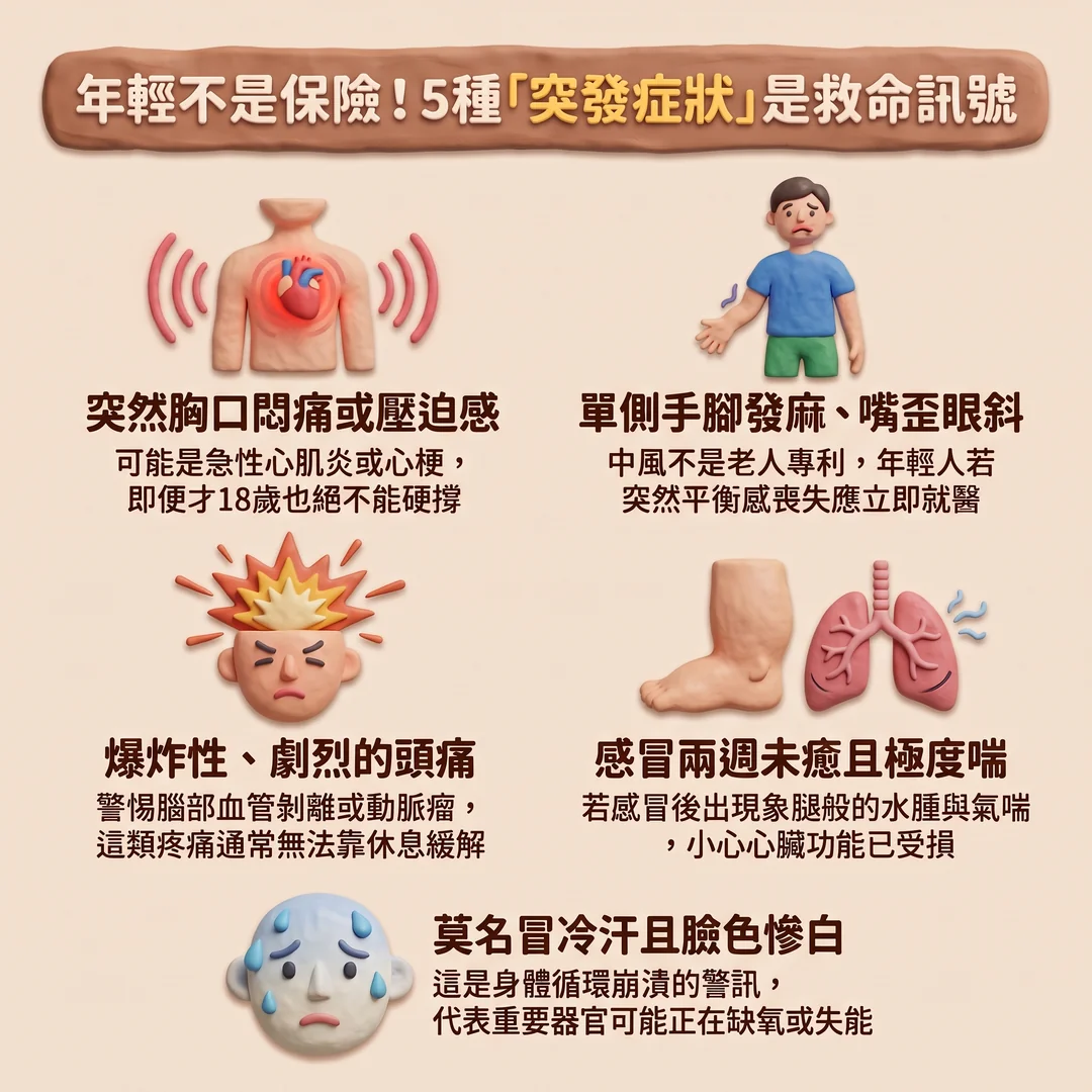 五種年輕人救命<a href='/search/tags/突發症狀/' target='\_blank'>突發症狀</a>（圖／AI生成製圖）