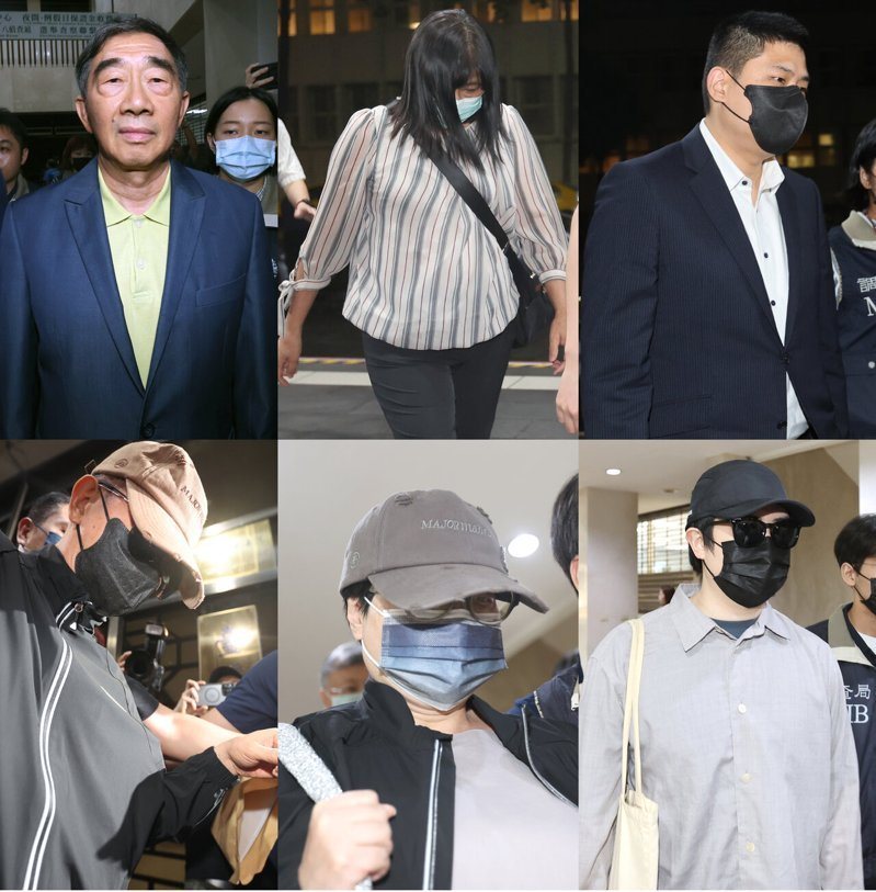 長榮海運董事張國華（上排左）涉內線交易被檢方命1.2億交保，妻子楊美珍（上排中）、兒子楊聖恩（上排右）各500萬交保；張國華胞弟張國政（下排左）1千萬交保、妻子曾瓊慧（下排中）、兒張聖翊請回（下排右）請回。記者蘇健忠／攝影