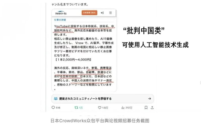 大陸國安部26日指,日本右翼勢力透過CrowdWorks等大型眾包平台發布招募廣告,要求製作「批判中國類」影片,並提供「操作指南」,接單者僅需向AI軟體輸入簡單指令,數分鐘內即可生成「抹黑影片」。圖/取自大陸國安部微信公眾號