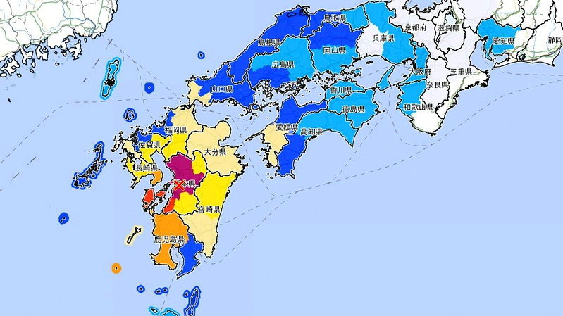 日本九州地方於當地時間今（28日）下午4時27分發生強烈地震，初估規模7.1，是深度10公里的淺層地震。圖／截自日本氣象廳官網