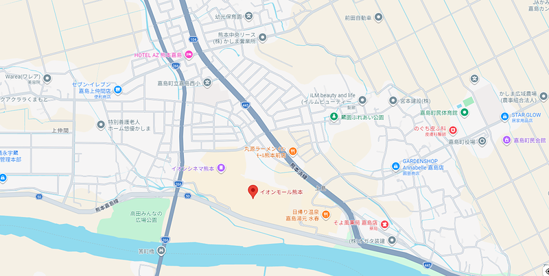 日本熊本縣今天發生規模7.1強震，位於嘉島町的大型購物中心「永旺夢樂城熊本」發生爆炸，造成建築物中央區域及2樓部分坍塌。圖／翻攝自GOOGLE地圖