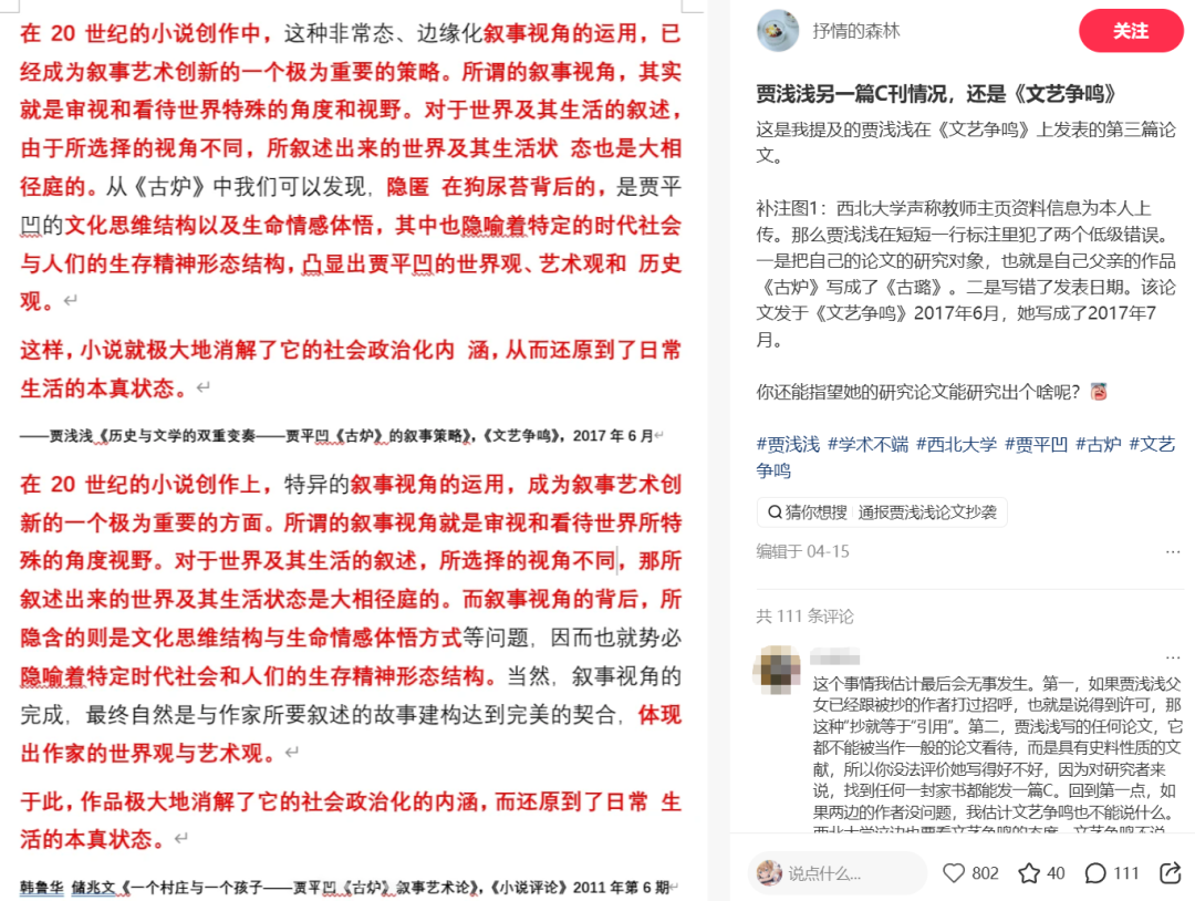 ▲打假博主找到的贾浅浅论文抄袭的证据（图/网络）