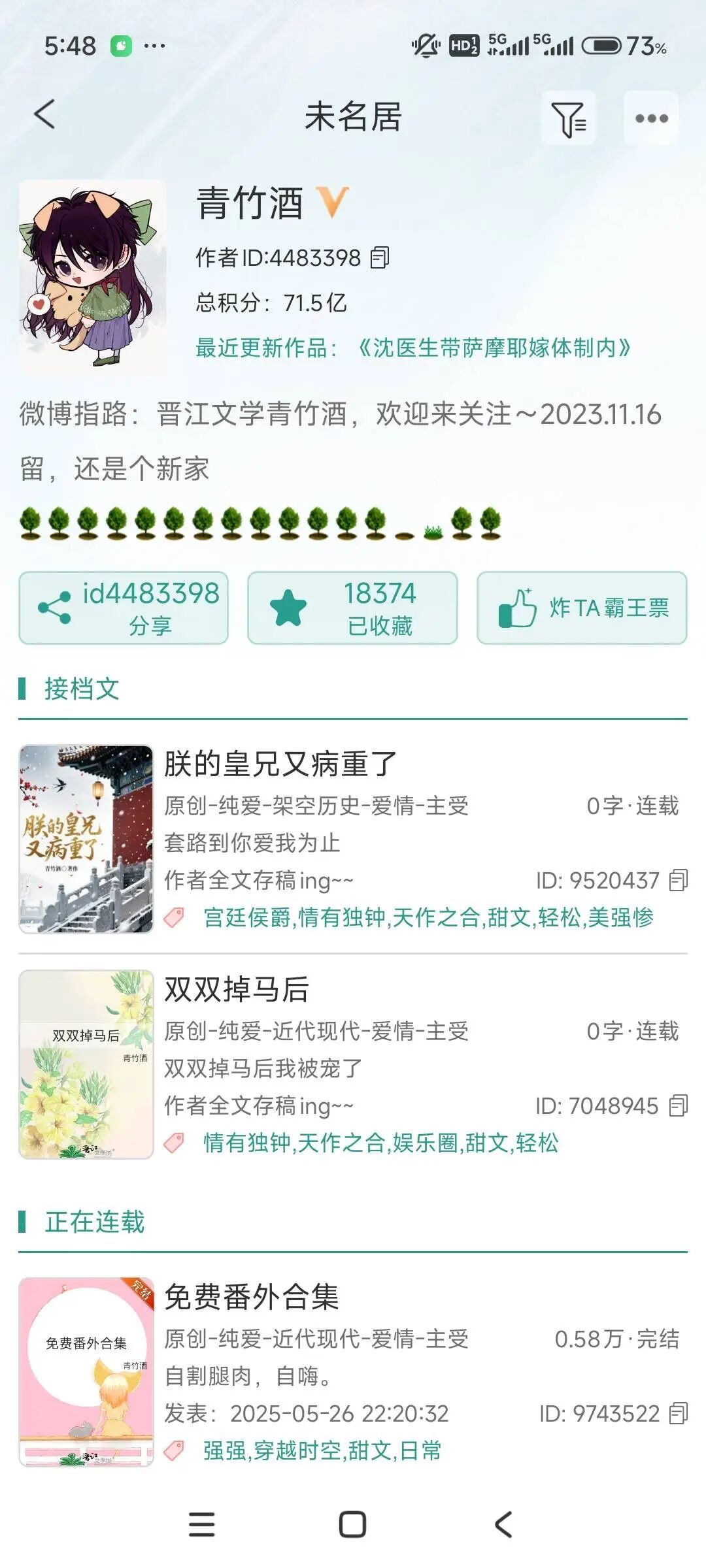青竹酒的晋江文学网页面