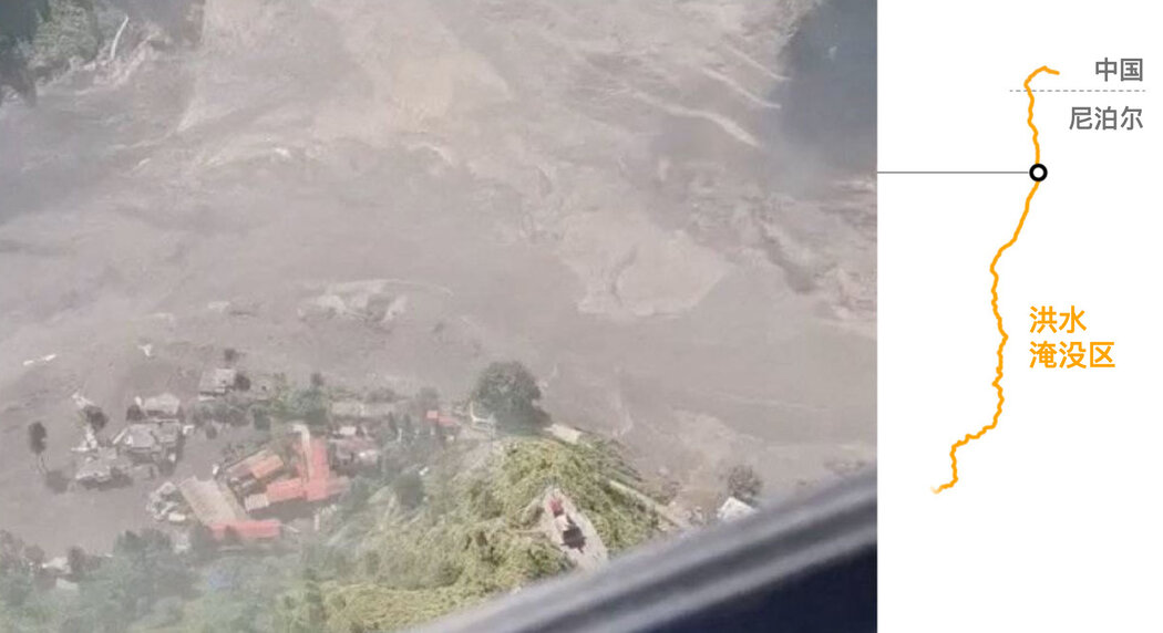直升机航拍画面显示夏布鲁贝西发生山洪。