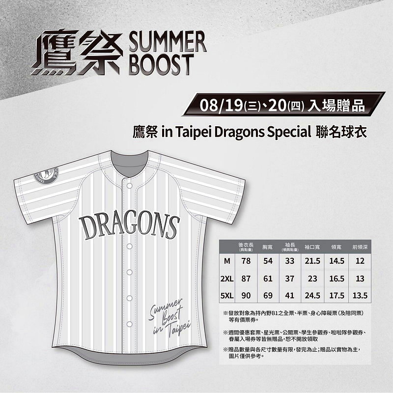味全龍隊將於8月19日至8月20日在台北大巨蛋舉辦「鷹祭Summer Boost」主題日，球團準備極具收藏價值與紀念意義的「鷹祭 in Taipei Dragons Special聯名球衣」作為入場贈品。圖／味全龍隊提供