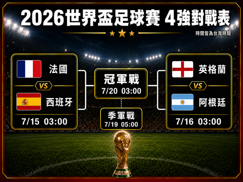 <a href='/search/tagging/2/世足賽' rel='世足賽' data-rel='/2/90886' class='tag'><strong>世足賽</strong></a>四強賽程表。 圖由AI生成