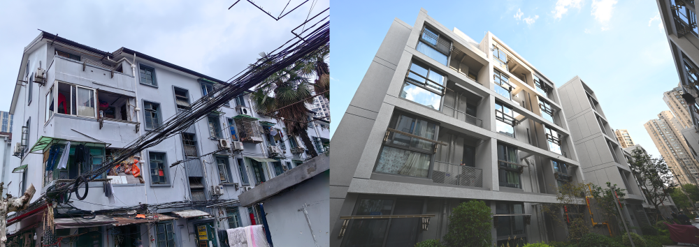 左图是改造前的上海黄浦区半淞园路街道市民新村居民区“小梁薄板”房屋外观(资料照片);右图是近日拍摄的改造后的上海黄浦区半淞园路街道市民新村居民区房屋外观(新华社记者 陈浩明 摄)。