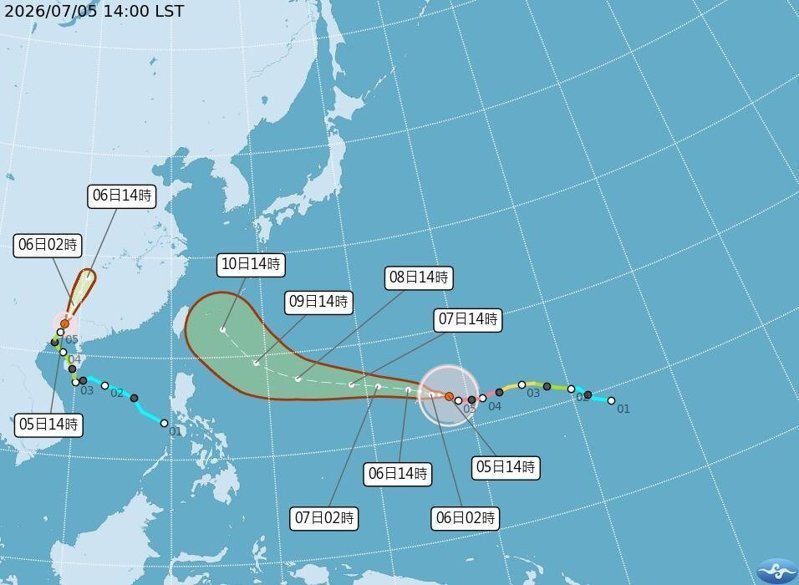 巴威颱風今下午2時位於鵝鑾鼻東南東方3030公里海面上，周三前其路徑偏西到西北方向，並移動到菲律賓東方海面。圖／中央氣象署提供