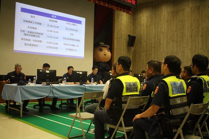暑期「青春專案」開跑，台北市市長蔣萬安今晚赴松山警分局主持勤前教育，並率隊前往青少年易聚集的KTV等場所視察臨檢。記者李隆揆／攝影