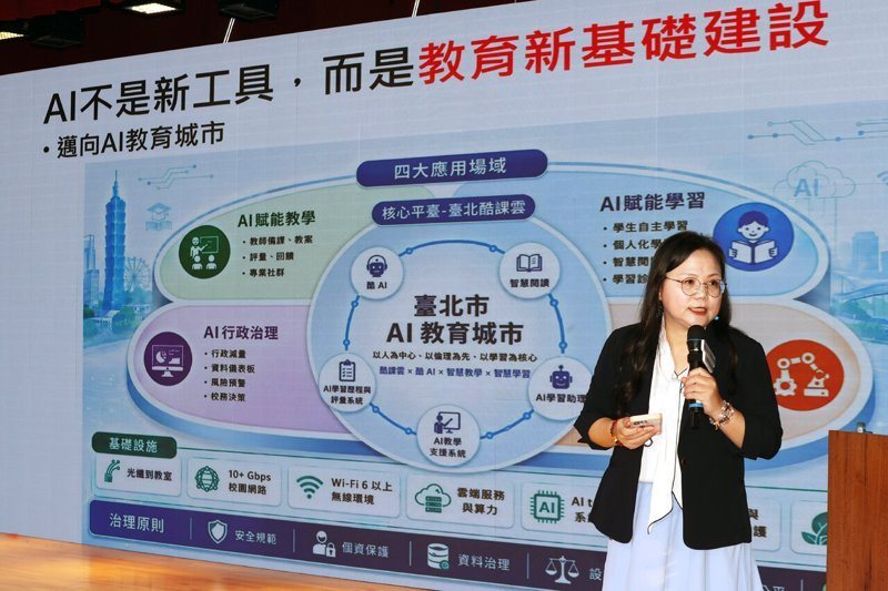 師大特聘教授許庭嘉今上午出席「台北市AI教育政策白皮書發布會暨AI教育論壇」活動，說明主編的台北市AI教育政策白皮書內容。記者蘇健忠／攝影