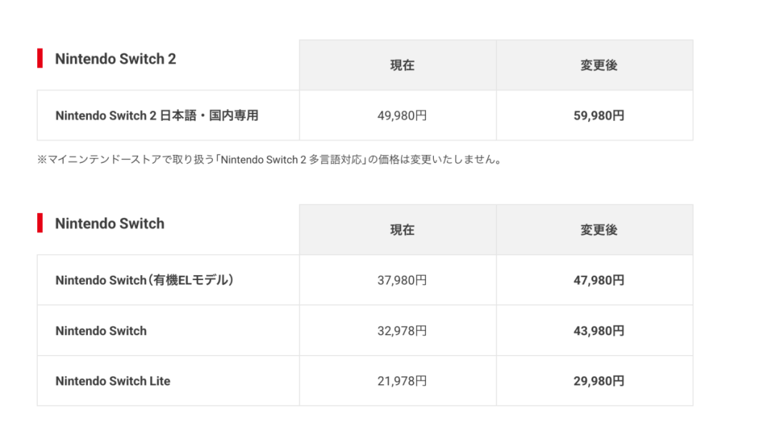 任天堂Switch和Switch 2都上调了价格