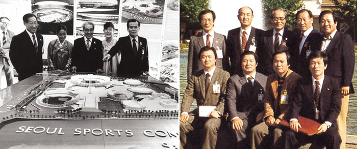 △1981年9月,德国巴登巴登,郑周永(黑白照前排左一)参与奥运会申办活动时的合影。(图源:韩国《每日经济》)