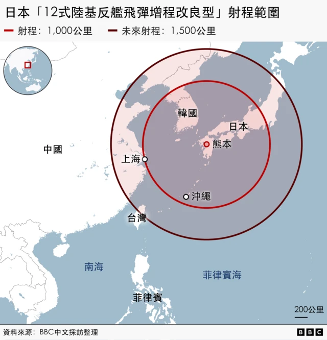 部署在熊本的“12式”射程约900至1000公里，涵盖东海与整个朝鲜半岛，并延伸至中国沿岸的上海地区。
