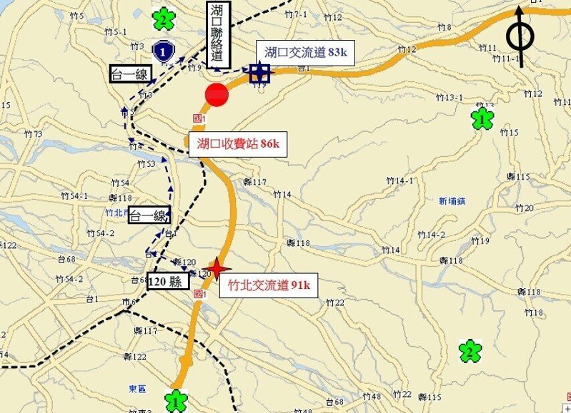 國1北向87.3K交通事故,目前全線封閉中。圖/取自高公局1968即時路況