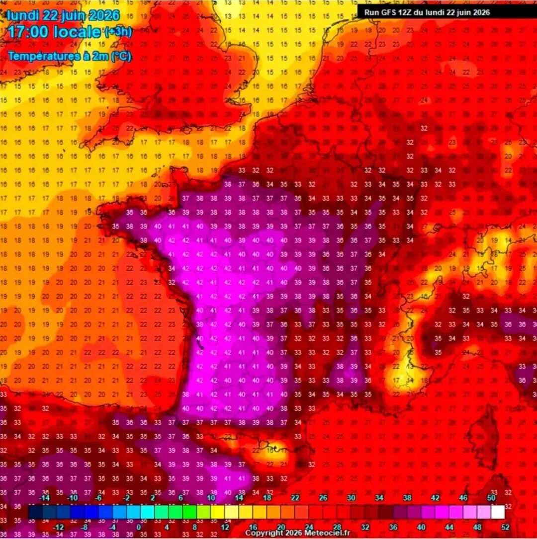 6月22号，法国一半区域超40度